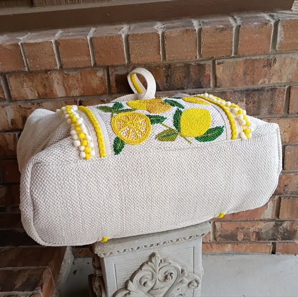 NEW America & Beyond Beaded Lemon Pom Pom Woven Cotton Summer Travel Beach Tote - Picture 12 of 16